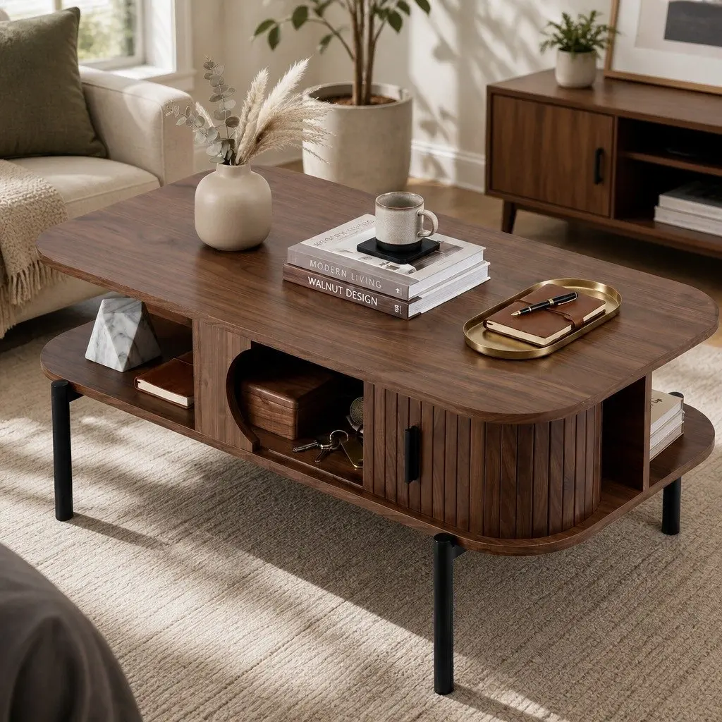 Walnut Coffee Table with Storage and Open Shelves