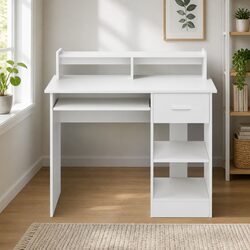 White Computer Desk with Storage and Drawer