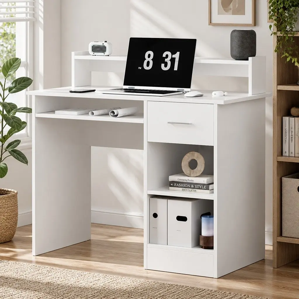 White Computer Desk with Storage and Drawer