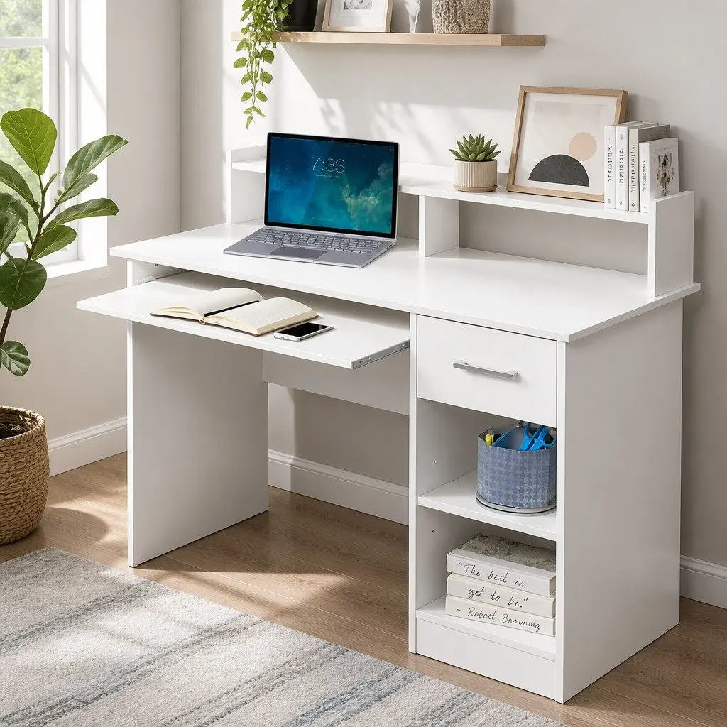 White Computer Desk with Storage and Drawer