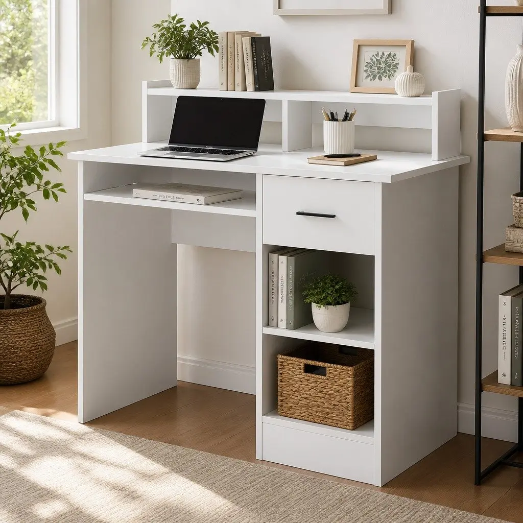 White Computer Desk with Storage and Drawer