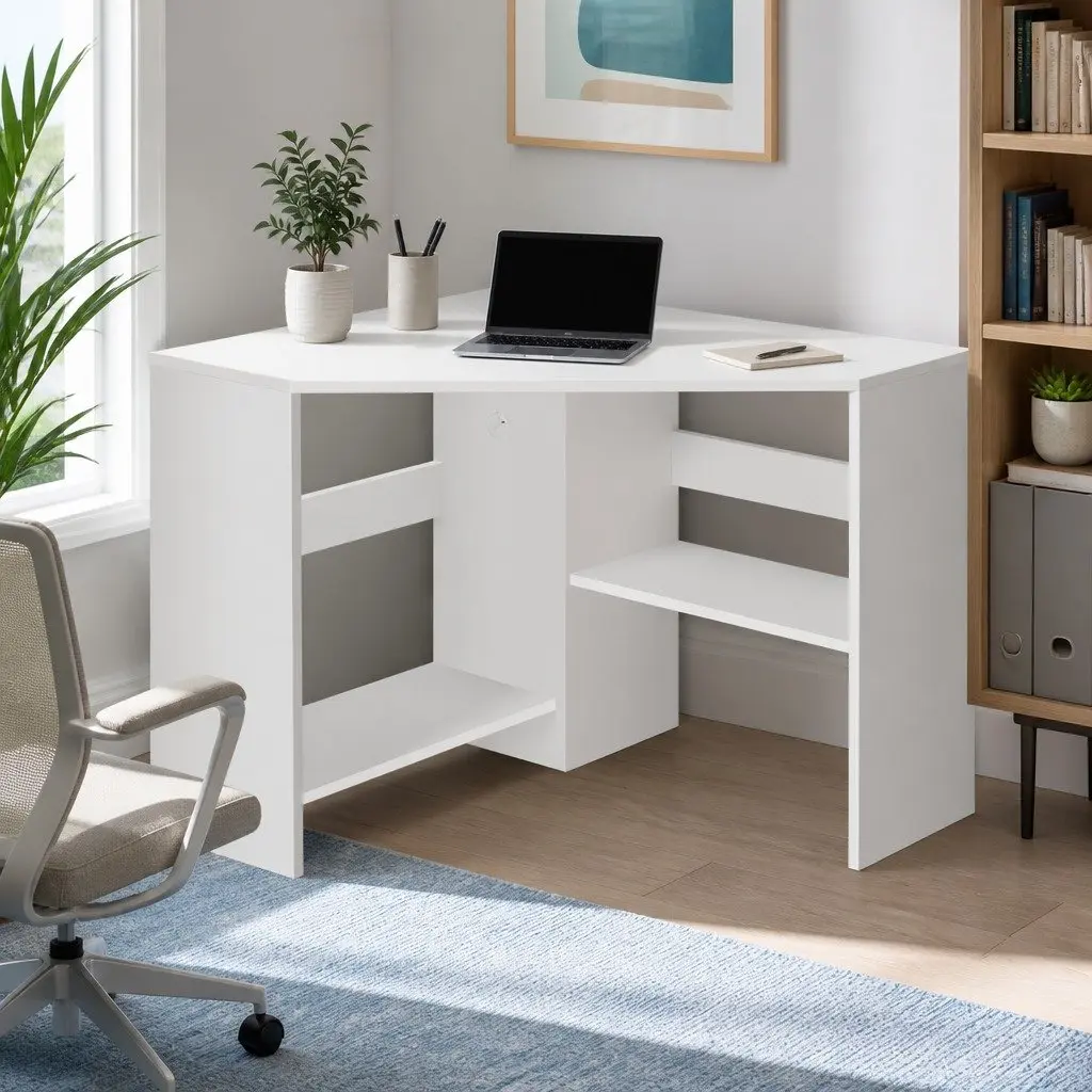 L-Shape White Corner Computer Desk with Storage