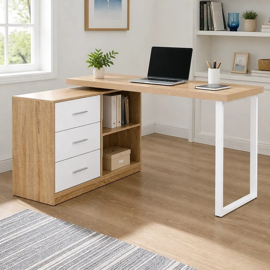 L-Shape Computer Desk with Swivel Storage Cabinet Home Office Furniture Oak