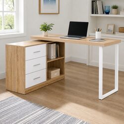 L-Shape Computer Desk with Swivel Storage Cabinet Home Office Furniture Oak