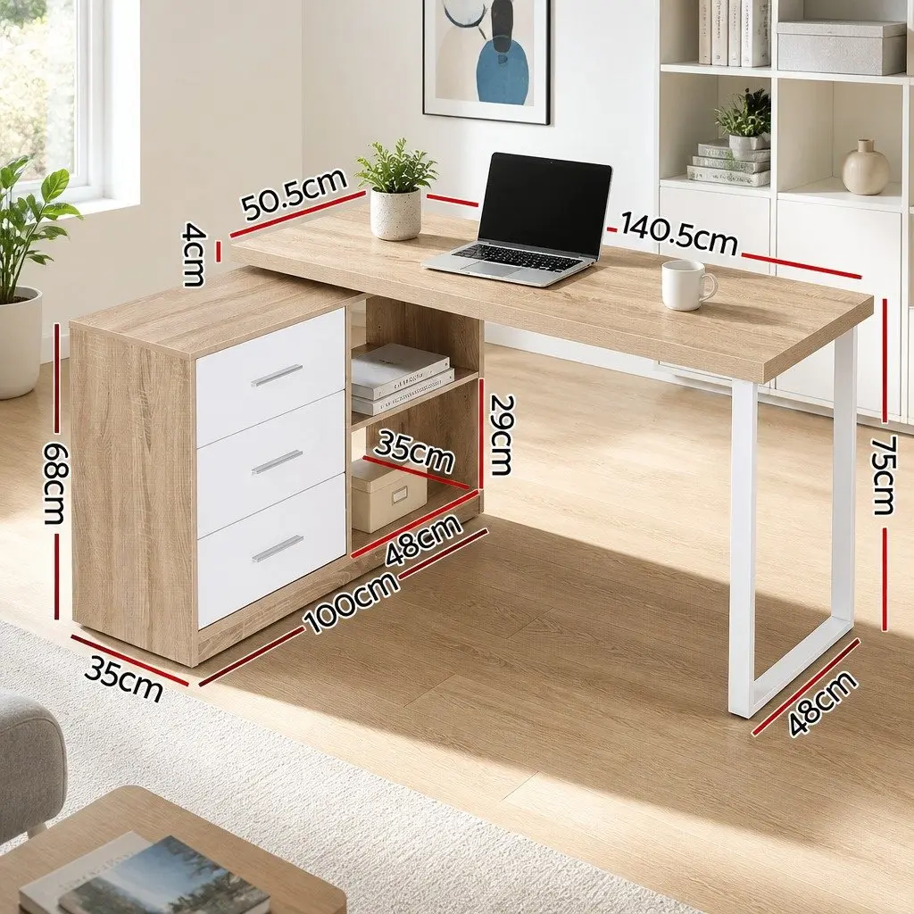 L-Shape Computer Desk with Swivel Storage Cabinet Home Office Furniture Oak