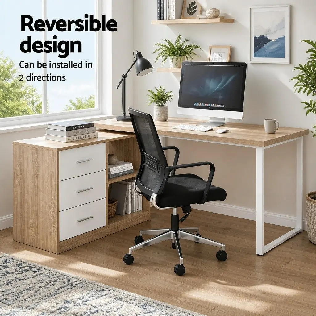 L-Shape Computer Desk with Swivel Storage Cabinet Home Office Furniture Oak
