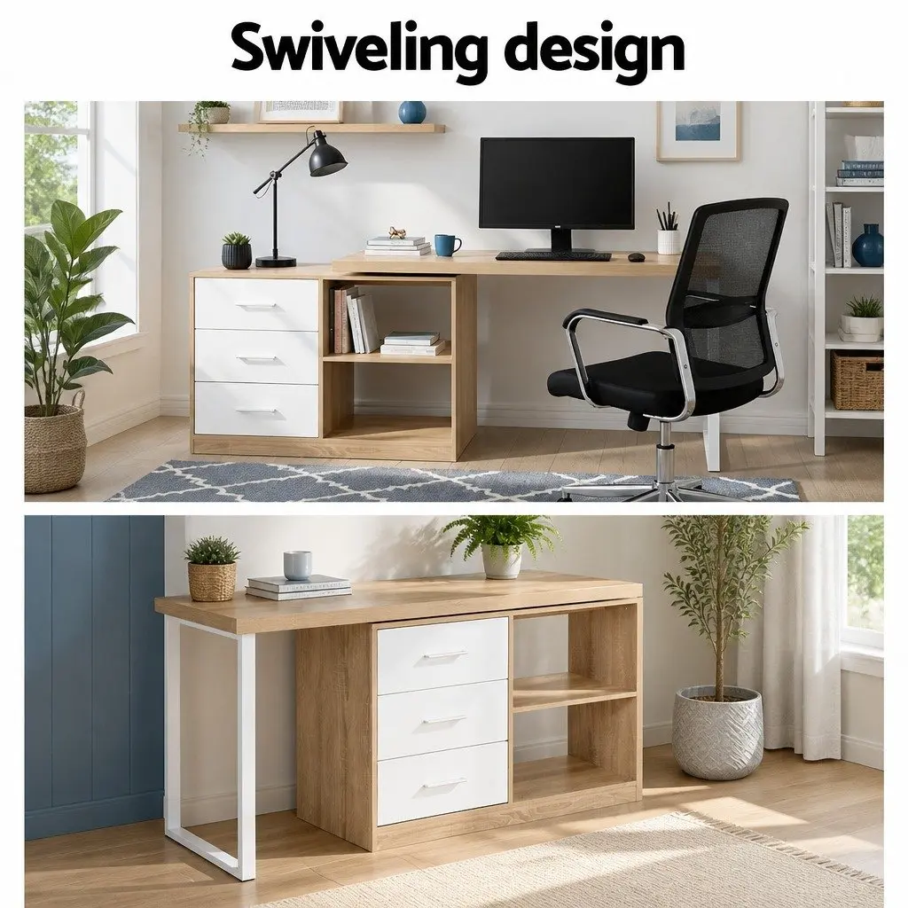 L-Shape Computer Desk with Swivel Storage Cabinet Home Office Furniture Oak