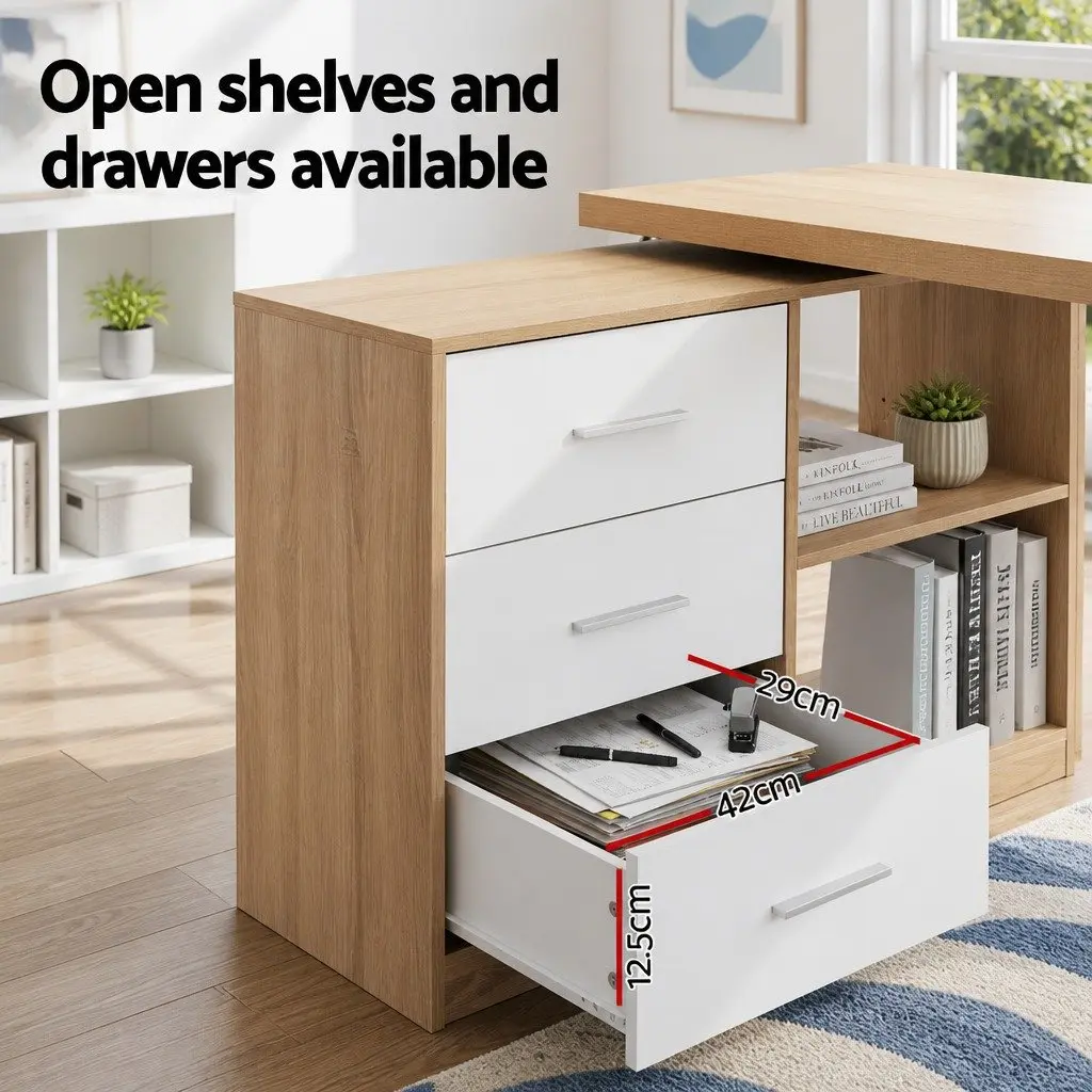 L-Shape Computer Desk with Swivel Storage Cabinet Home Office Furniture Oak