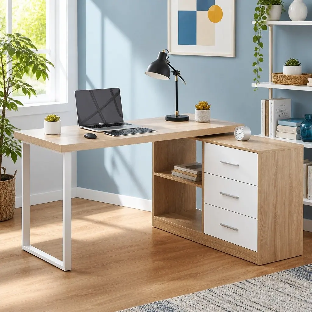 L-Shape Computer Desk with Swivel Storage Cabinet Home Office Furniture Oak