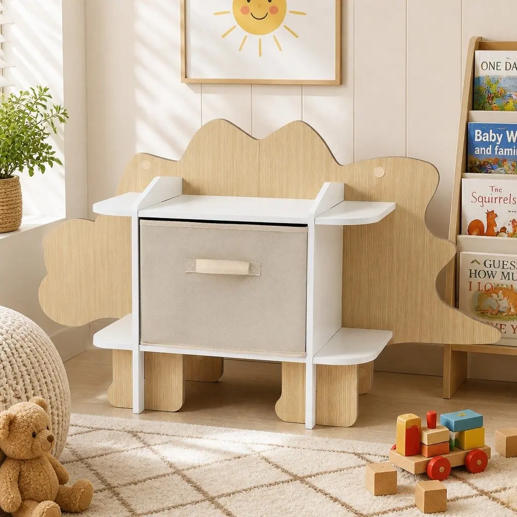 Dinosaur Kids Bookshelf with Fabric Drawer Storage