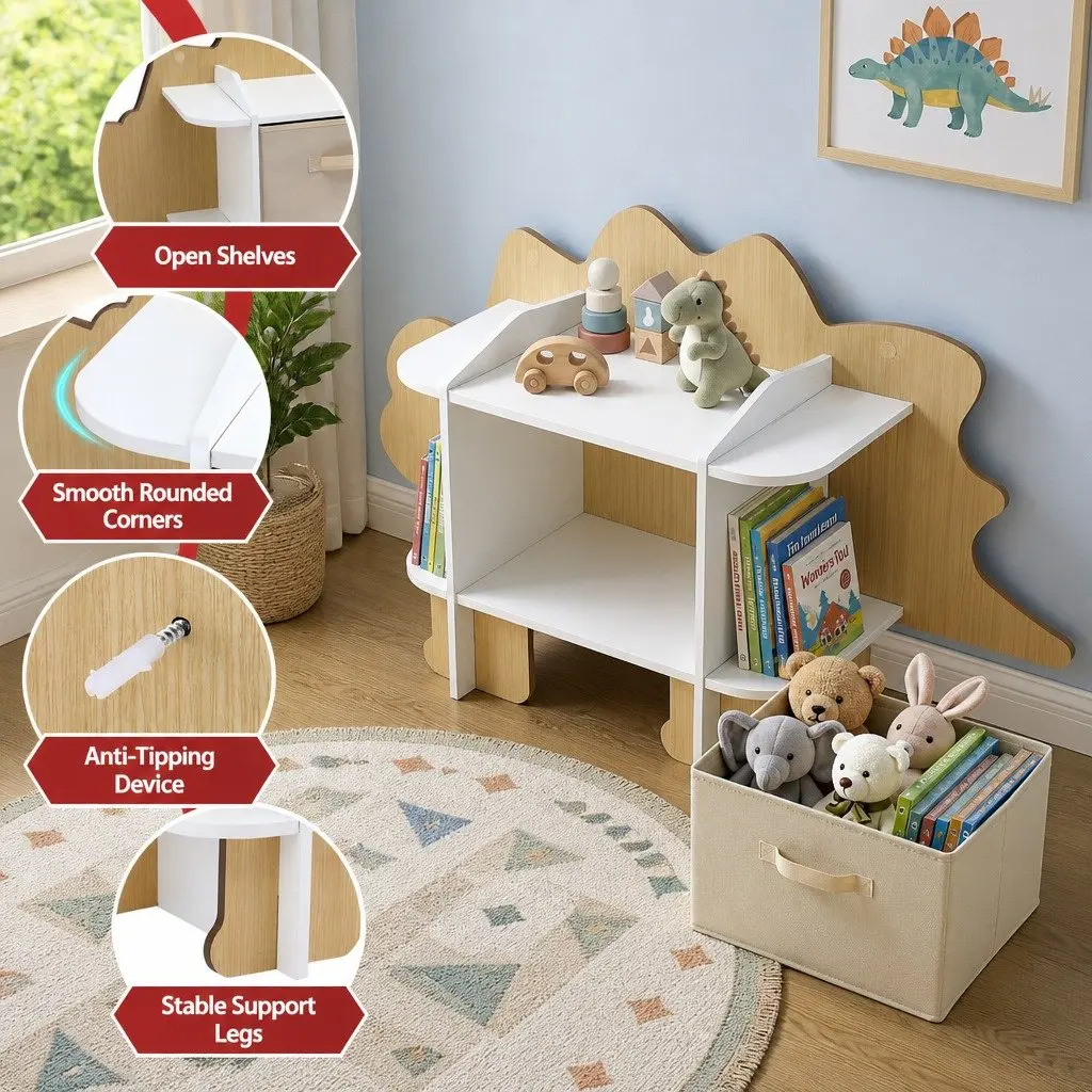 Dinosaur Kids Bookshelf with Fabric Drawer Storage