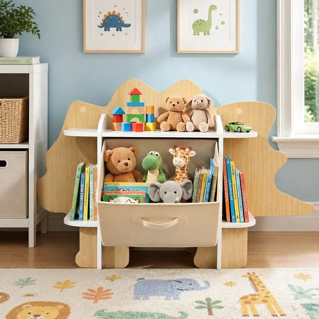 Dinosaur Kids Bookshelf with Fabric Drawer Storage