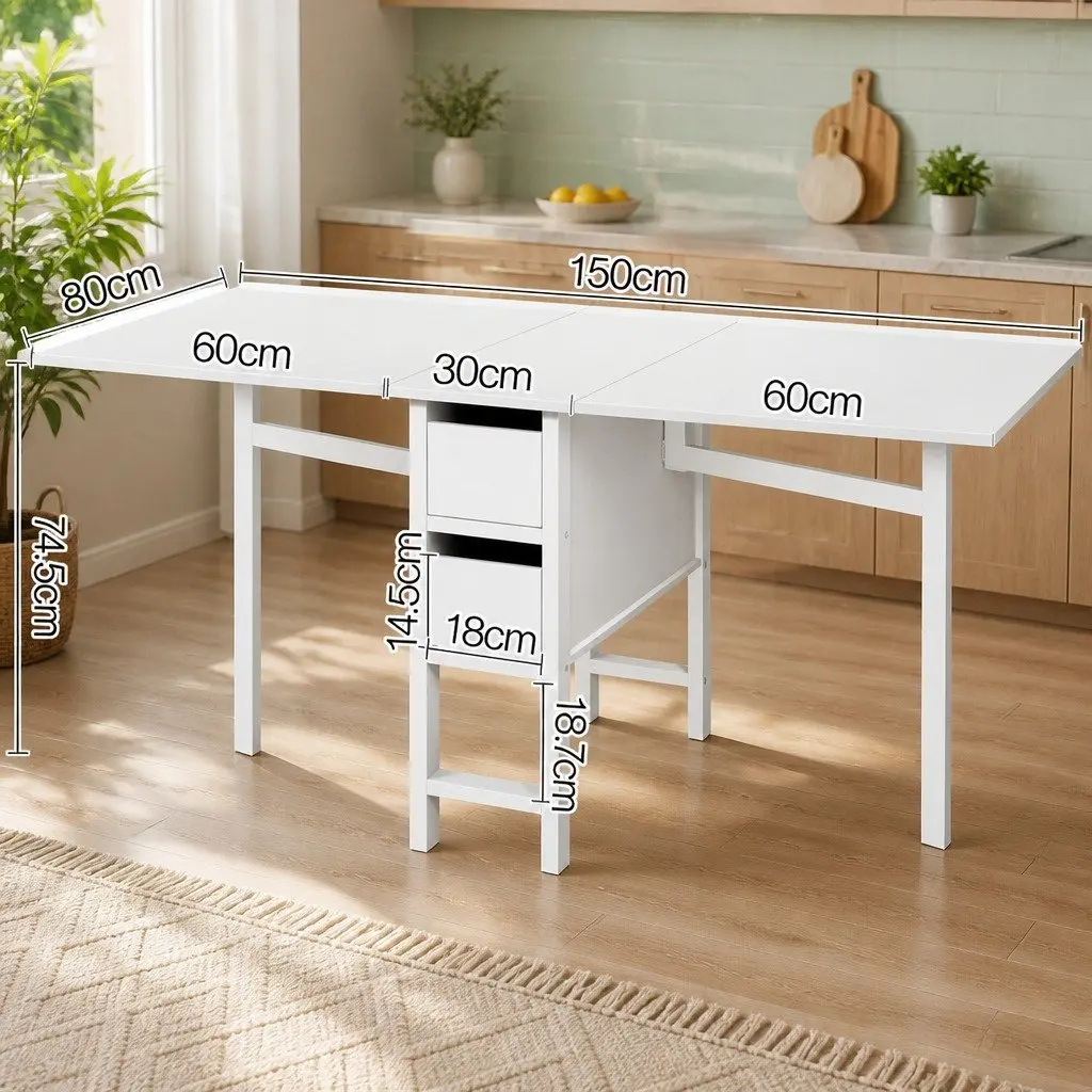 Dining Table Rectangular Extendable Gateleg White MDF Iron Seats 4-6 Guests