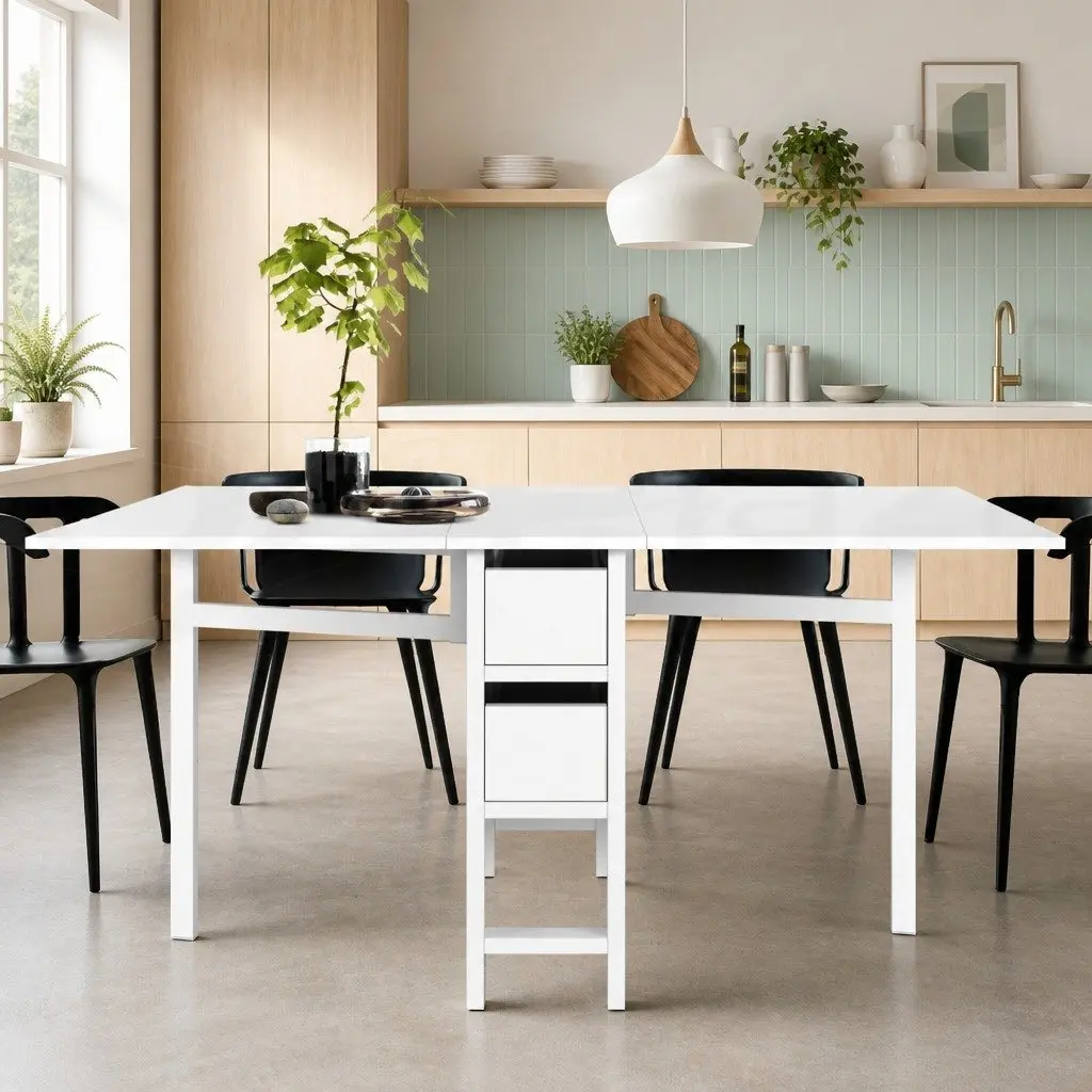 Dining Table Rectangular Extendable Gateleg White MDF Iron Seats 4-6 Guests