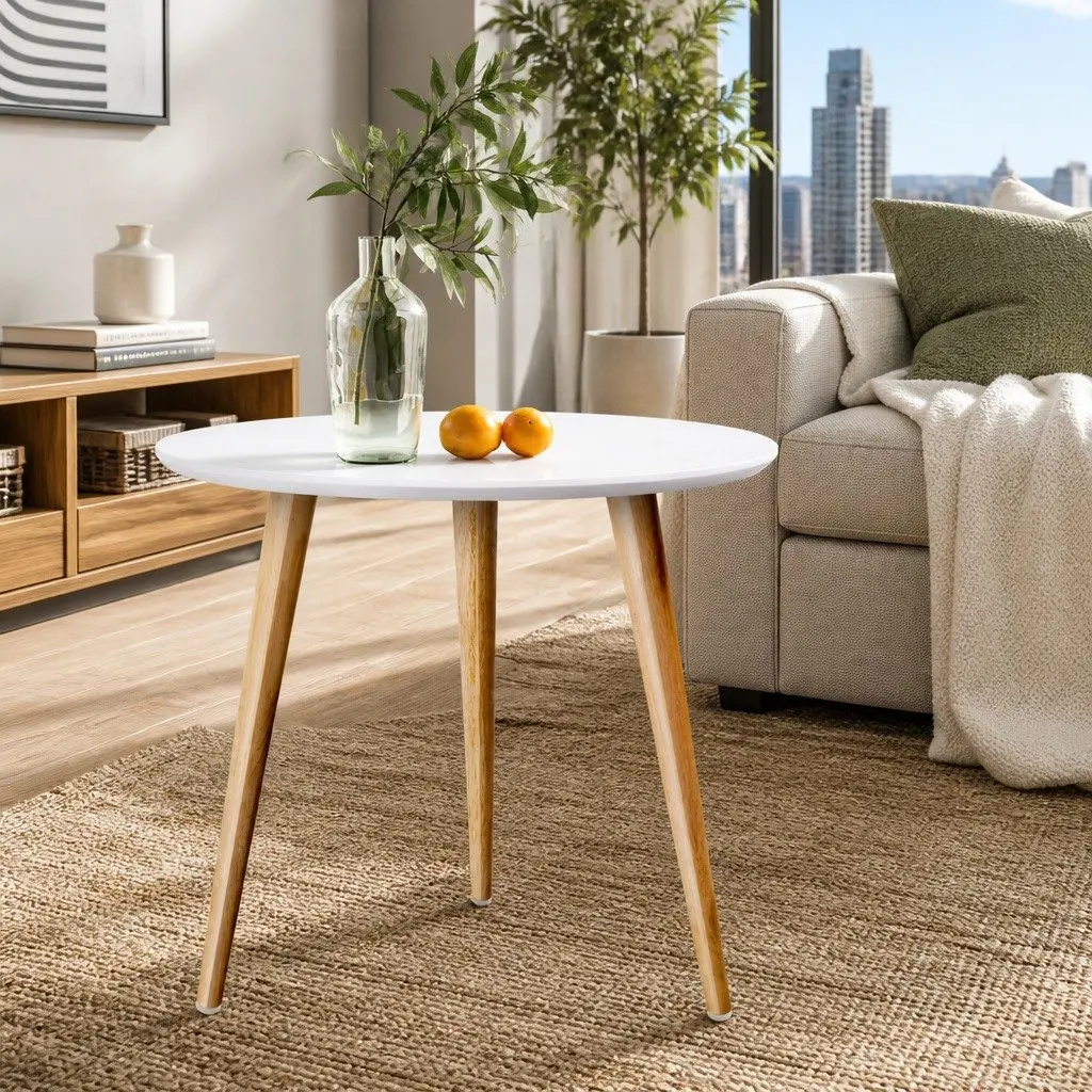 Round Coffee Table 50CM White MDF Top Beech Wood Legs Contemporary Design