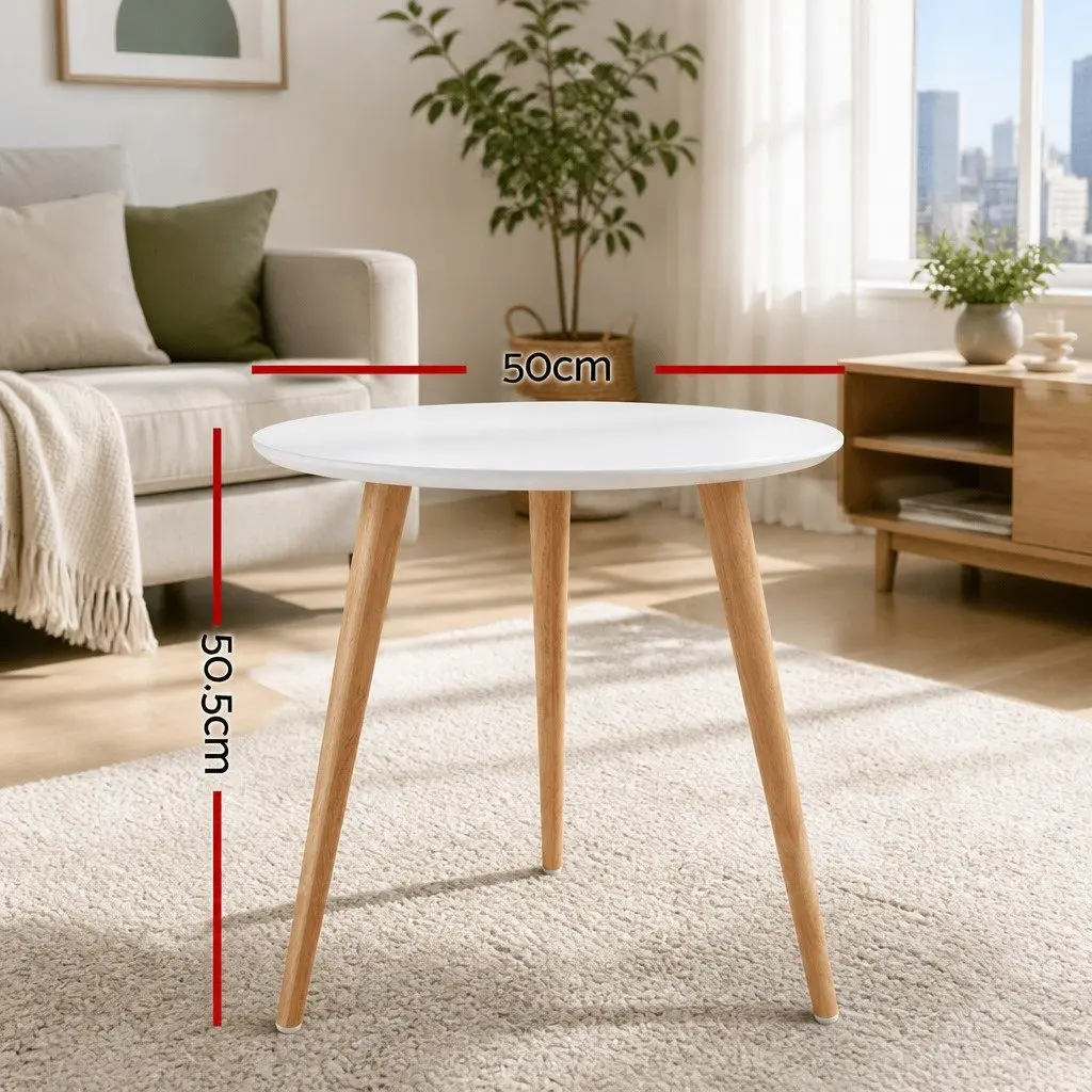 Round Coffee Table 50CM White MDF Top Beech Wood Legs Contemporary Design