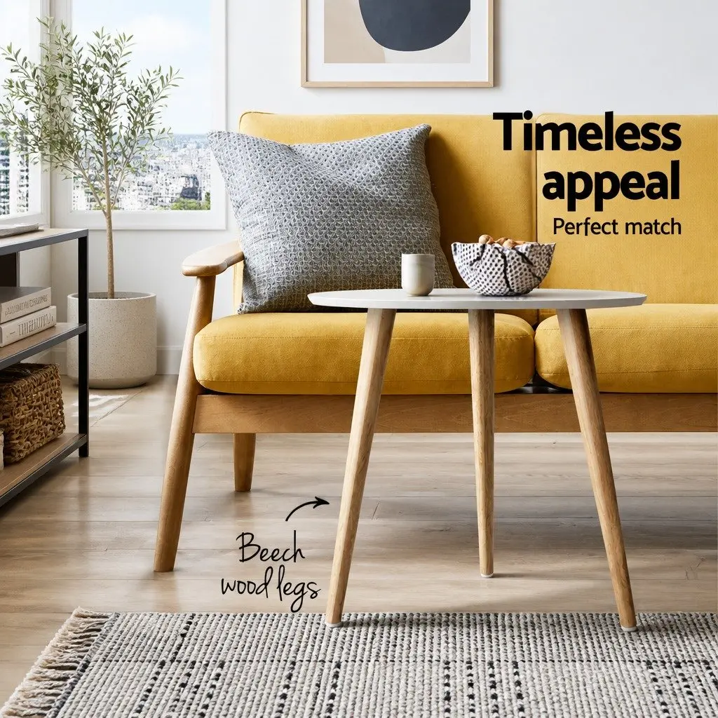 Round Coffee Table 50CM White MDF Top Beech Wood Legs Contemporary Design