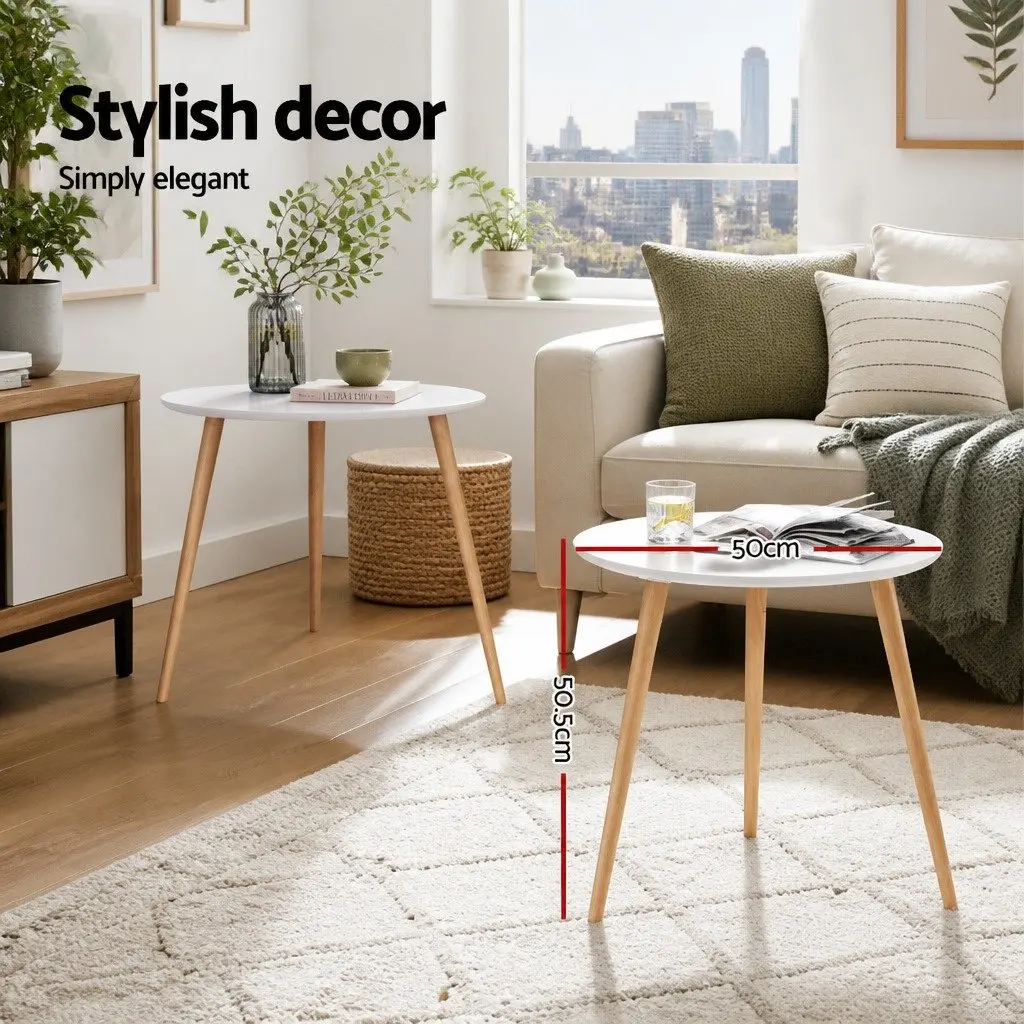 Round Coffee Table 50CM White MDF Top Beech Wood Legs Contemporary Design