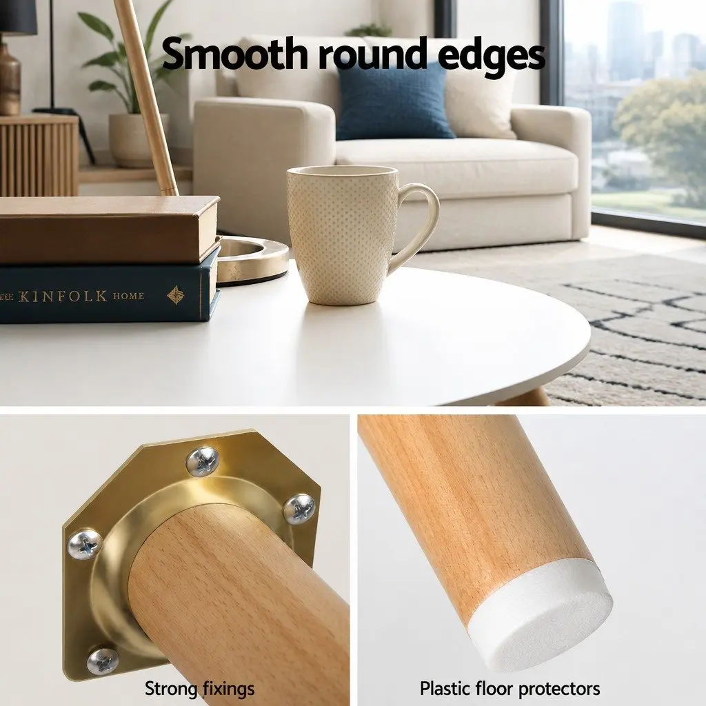 Round Coffee Table 50CM White MDF Top Beech Wood Legs Contemporary Design