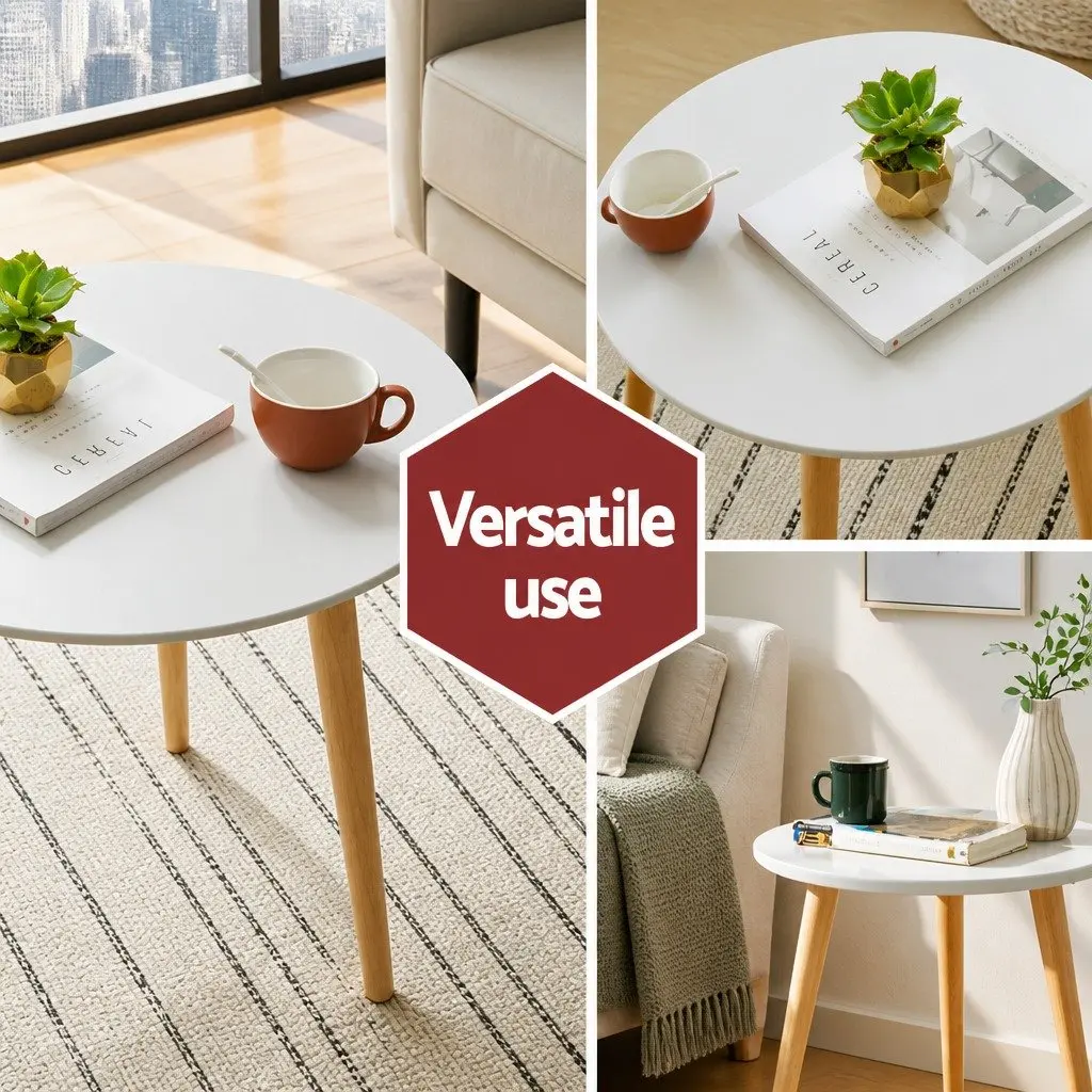 Round Coffee Table 50CM White MDF Top Beech Wood Legs Contemporary Design