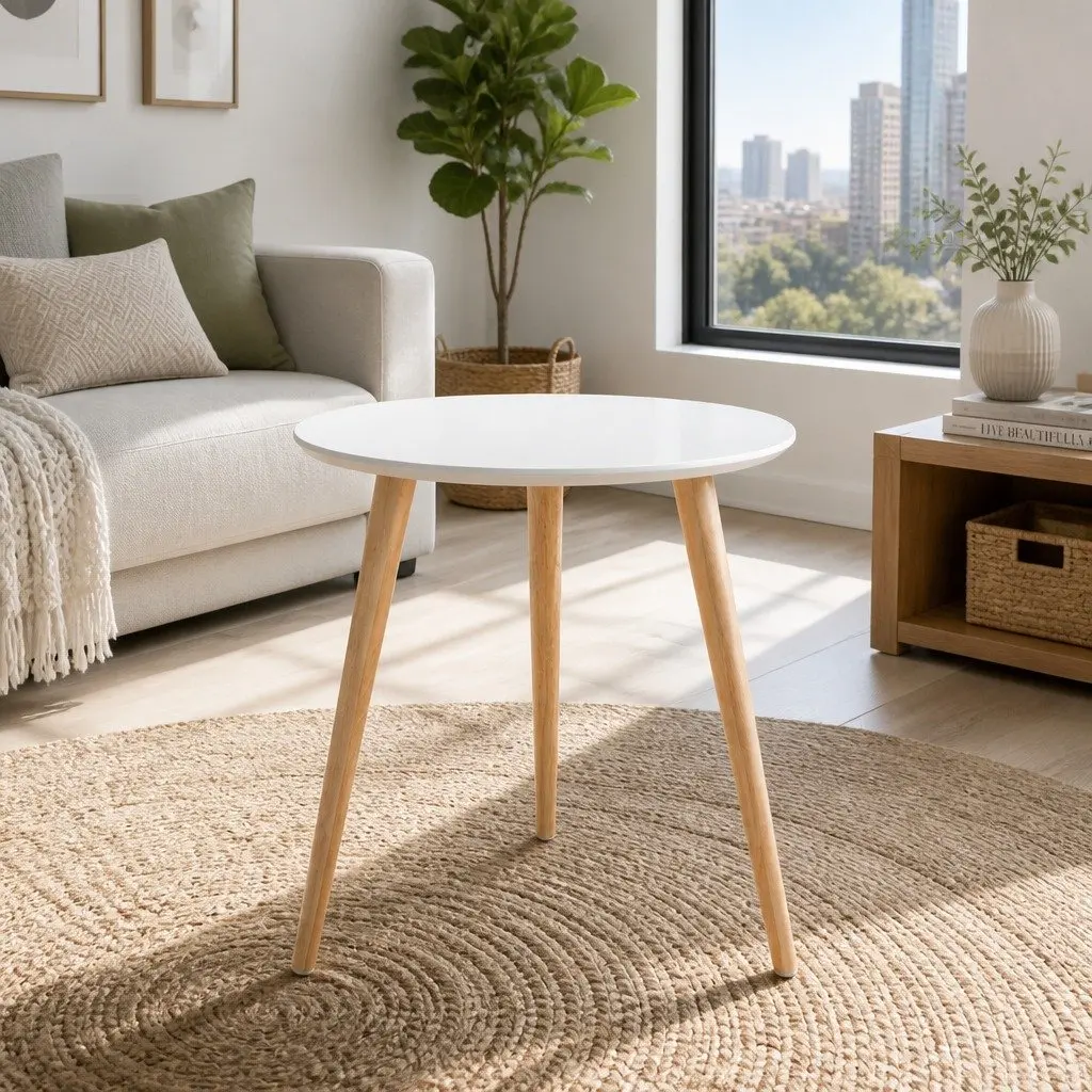 Round Coffee Table 50CM White MDF Top Beech Wood Legs Contemporary Design
