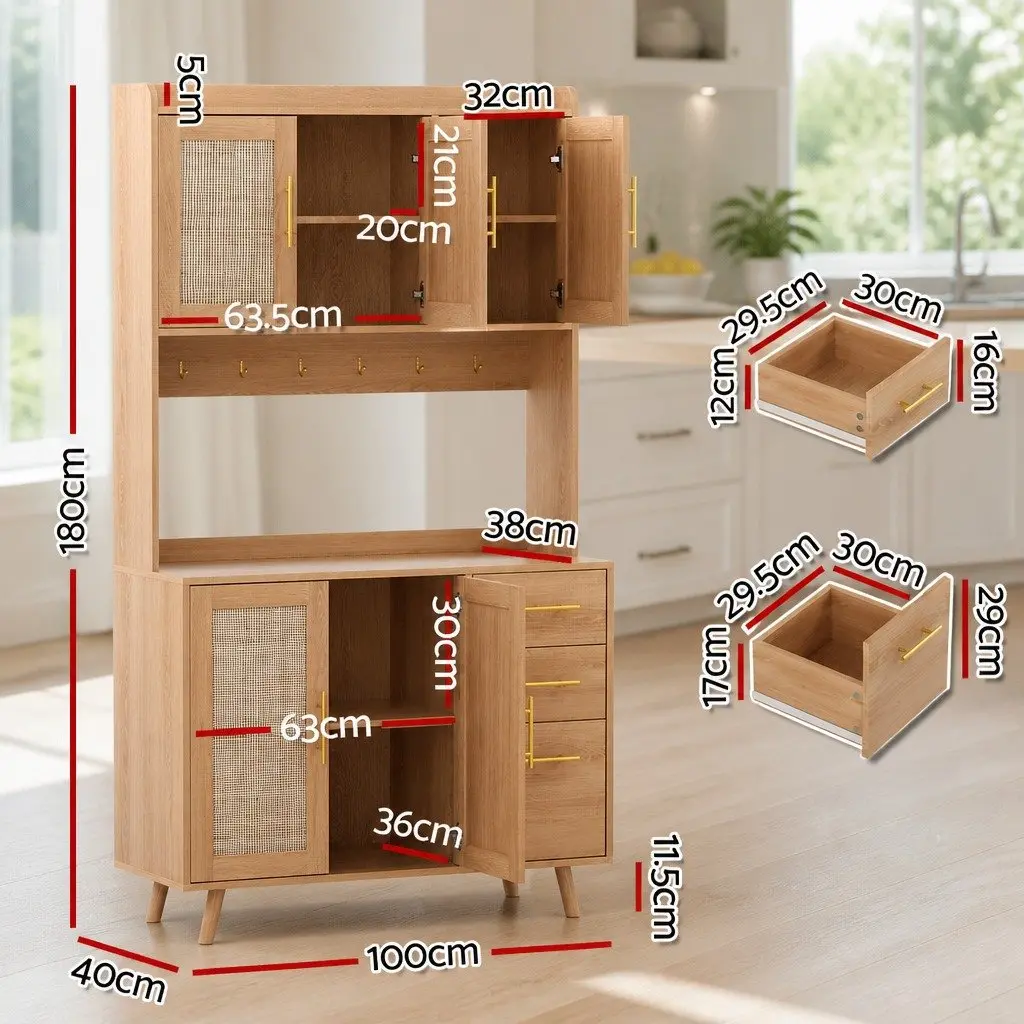 Buffet Sideboard Cabinet with Rattan Doors Drawers Hooks Storage Dining Kitchen
