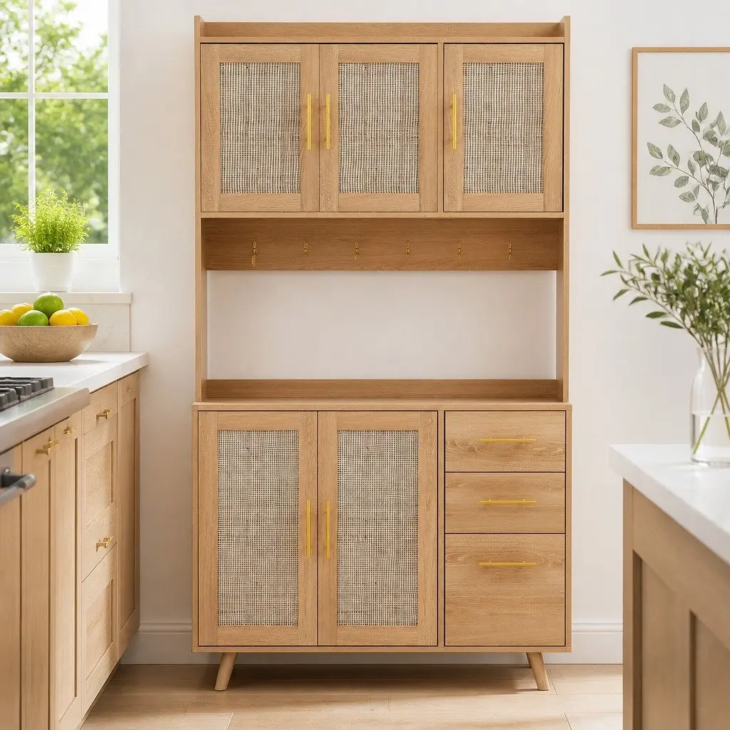 Buffet Sideboard Cabinet with Rattan Doors Drawers Hooks Storage Dining Kitchen