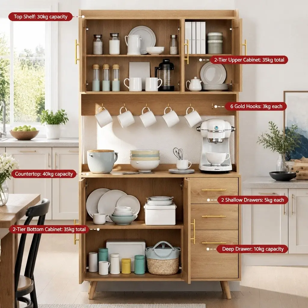 Buffet Sideboard Cabinet with Rattan Doors Drawers Hooks Storage Dining Kitchen