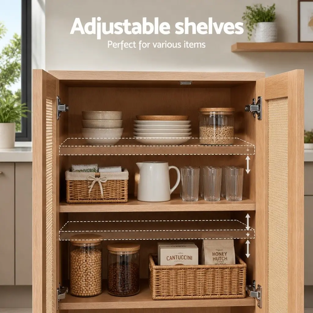 Buffet Sideboard Cabinet with Rattan Doors Drawers Hooks Storage Dining Kitchen