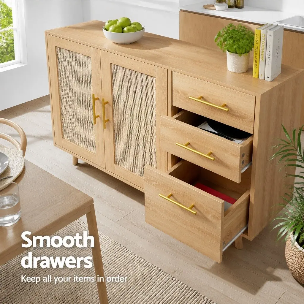 Buffet Sideboard Cabinet with Rattan Doors Drawers Hooks Storage Dining Kitchen