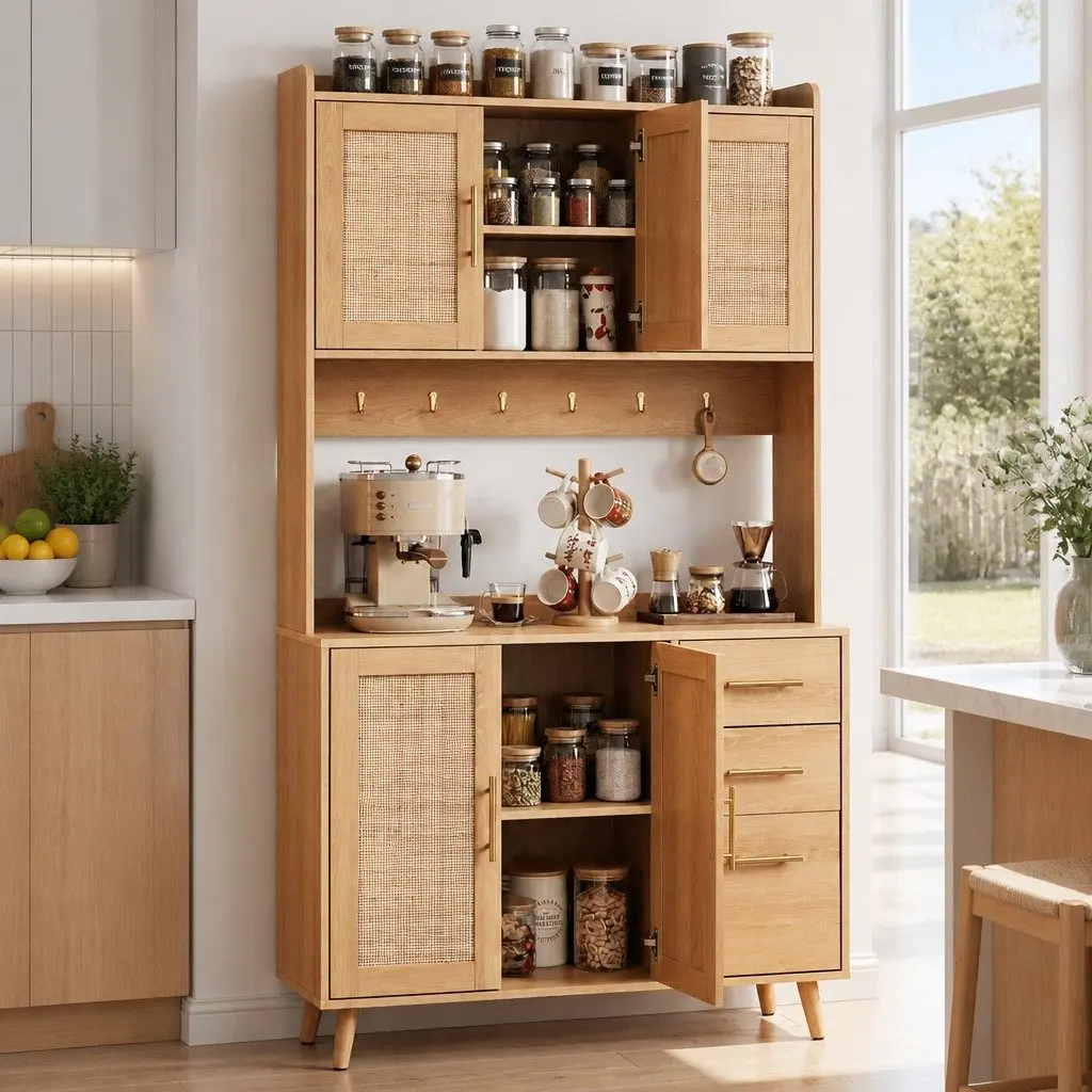 Buffet Sideboard Cabinet with Rattan Doors Drawers Hooks Storage Dining Kitchen