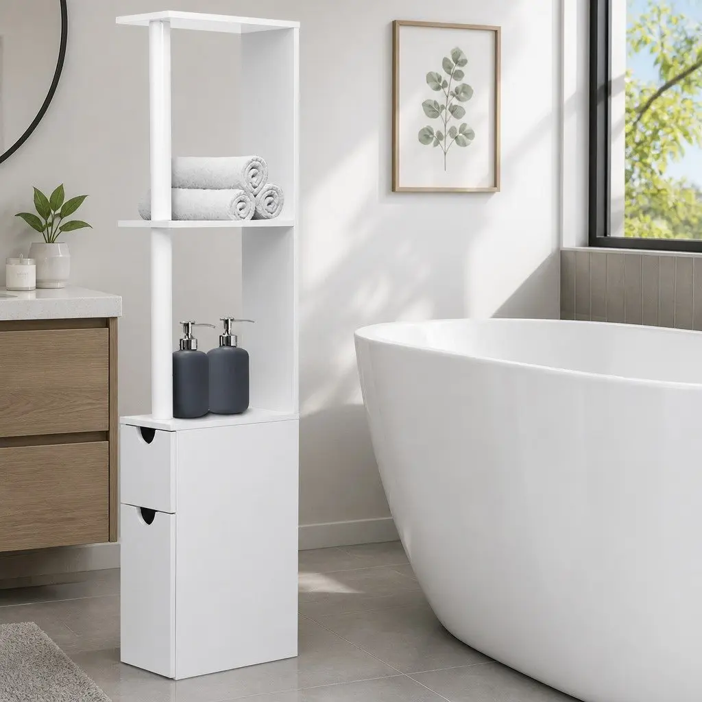 Bathroom Cabinet Storage 118cm Tall Toilet Shelf Unit White Contemporary Design