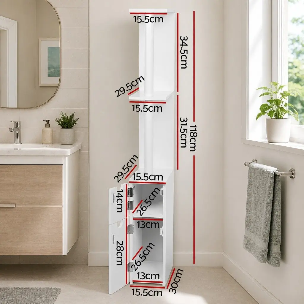 Bathroom Cabinet Storage 118cm Tall Toilet Shelf Unit White Contemporary Design