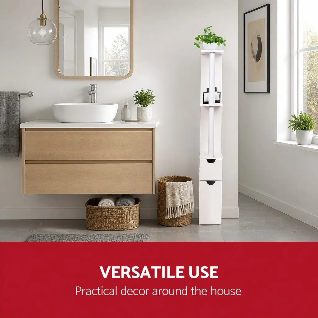 Bathroom Cabinet Storage 118cm Tall Toilet Shelf Unit White Contemporary Design