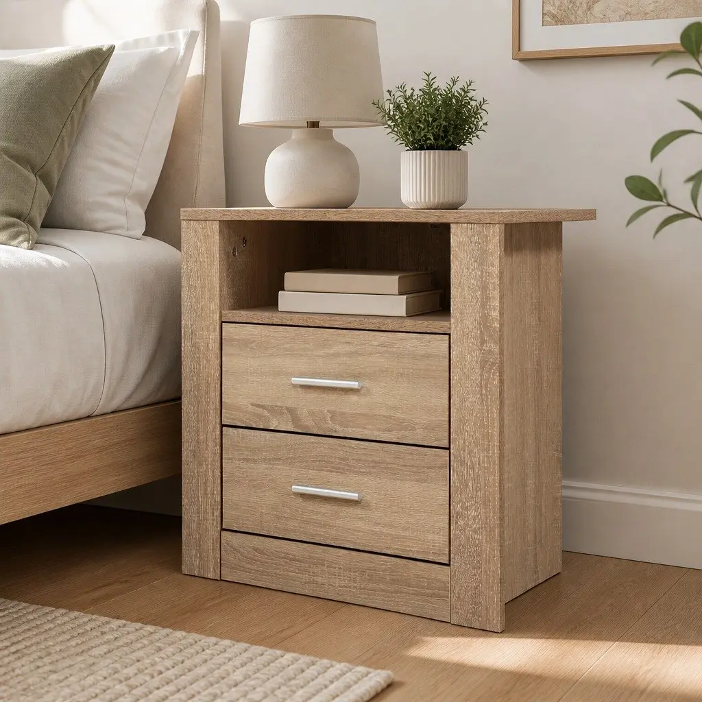 Bedside Table Oak 2 Drawers with Shelf Storage Nightstand Bedroom Furniture