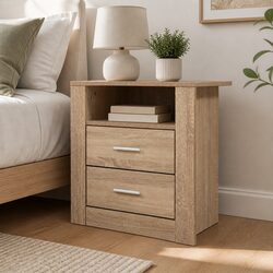Oak Bedside Table with 2 Drawers and Open Shelf