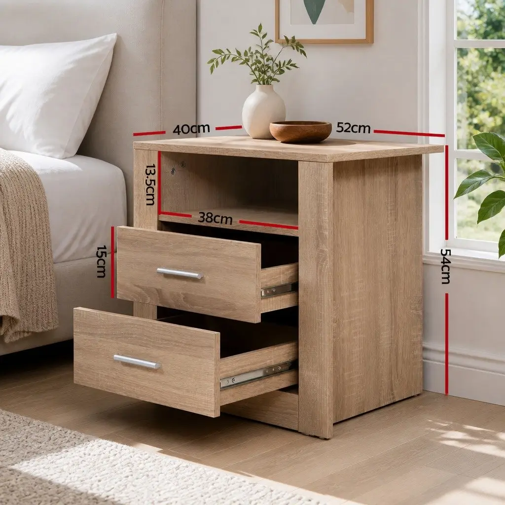 Bedside Table Oak 2 Drawers with Shelf Storage Nightstand Bedroom Furniture