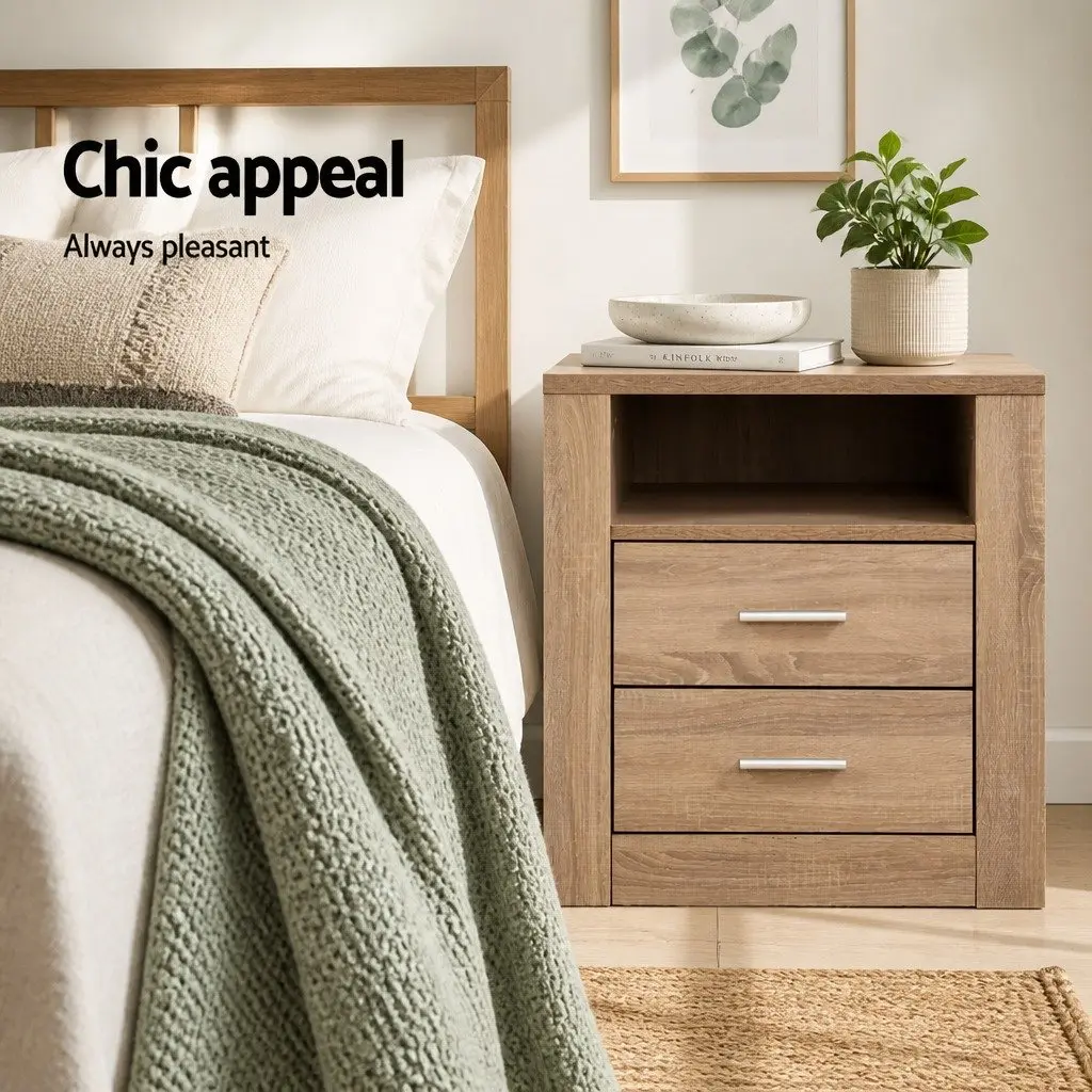 Bedside Table Oak 2 Drawers with Shelf Storage Nightstand Bedroom Furniture