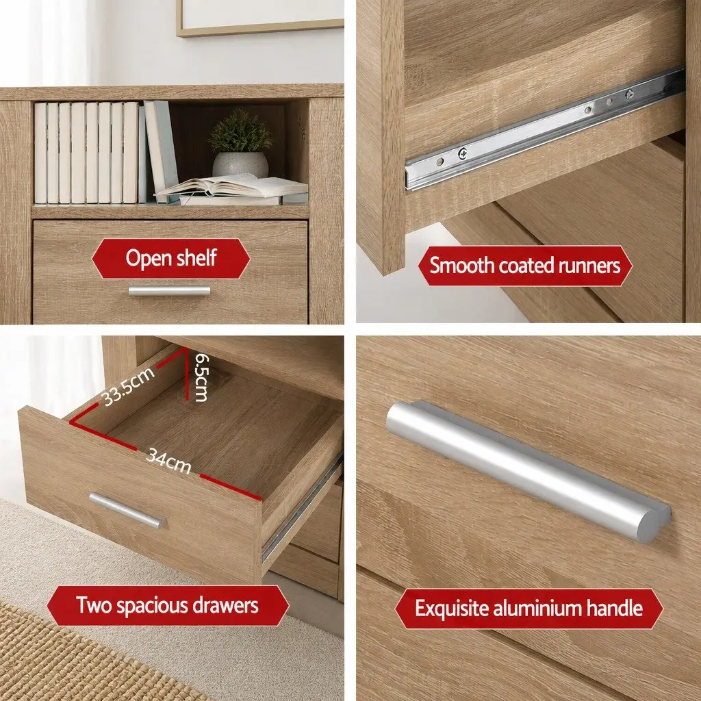 Bedside Table Oak 2 Drawers with Shelf Storage Nightstand Bedroom Furniture