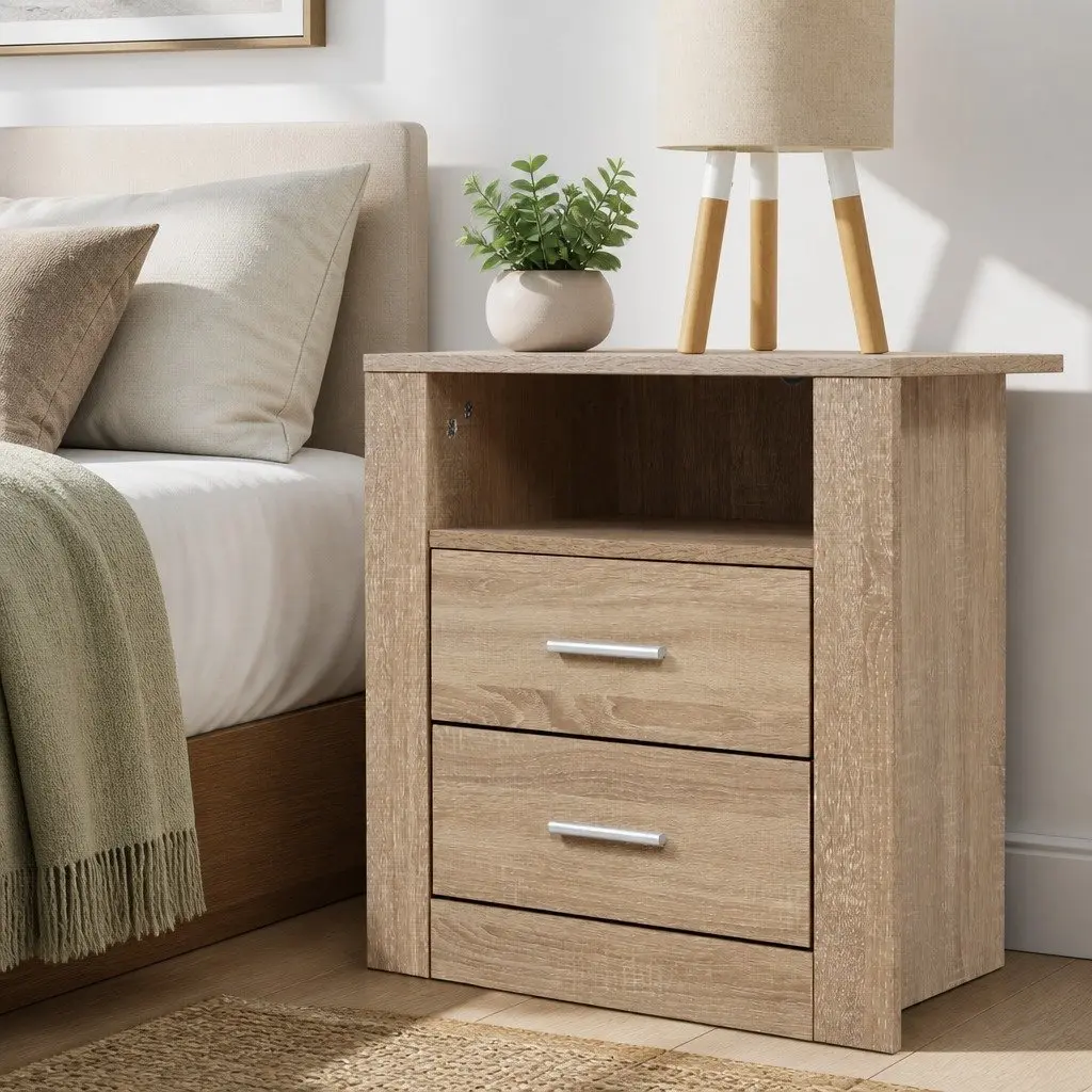 Bedside Table Oak 2 Drawers with Shelf Storage Nightstand Bedroom Furniture