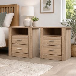 Modern Oak Bedside Table with 2 Drawers and Open Shelf