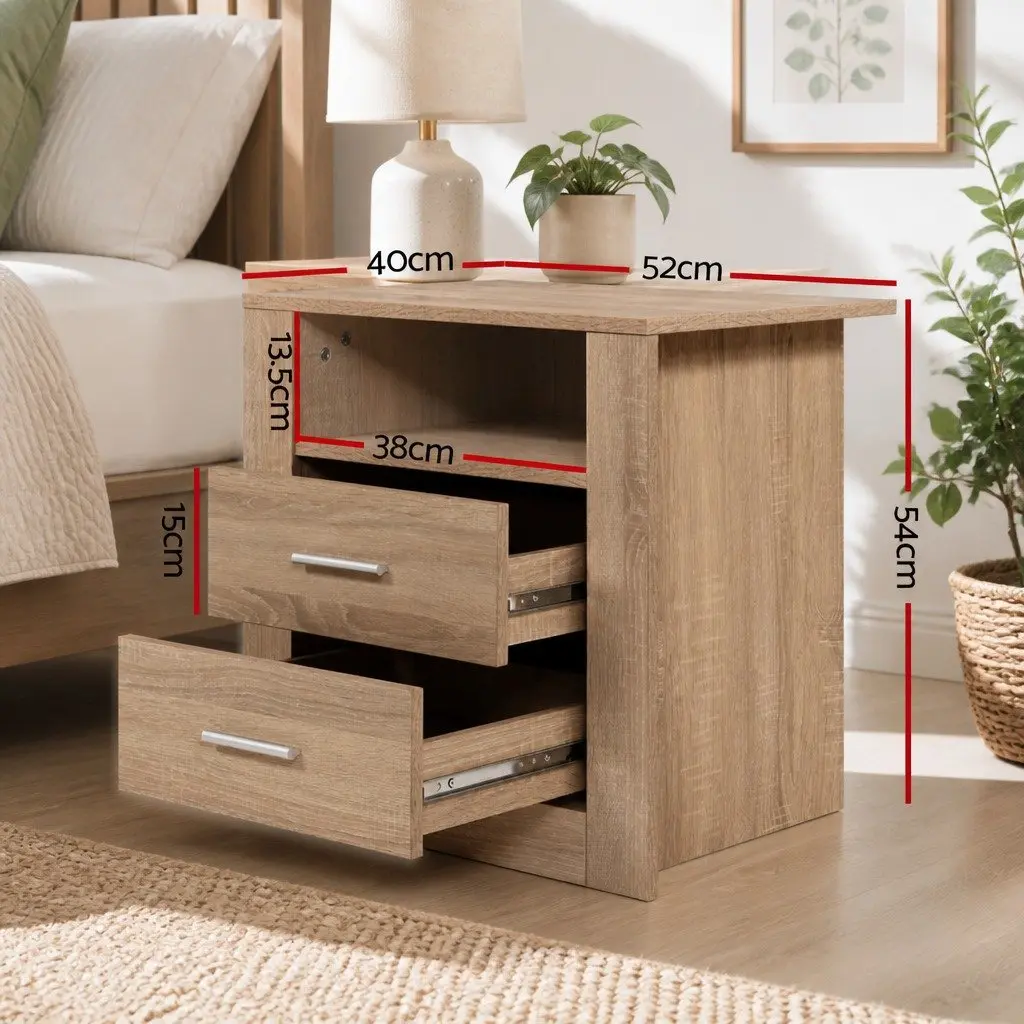Oak Bedside Table with 2 Drawers and Open Shelf