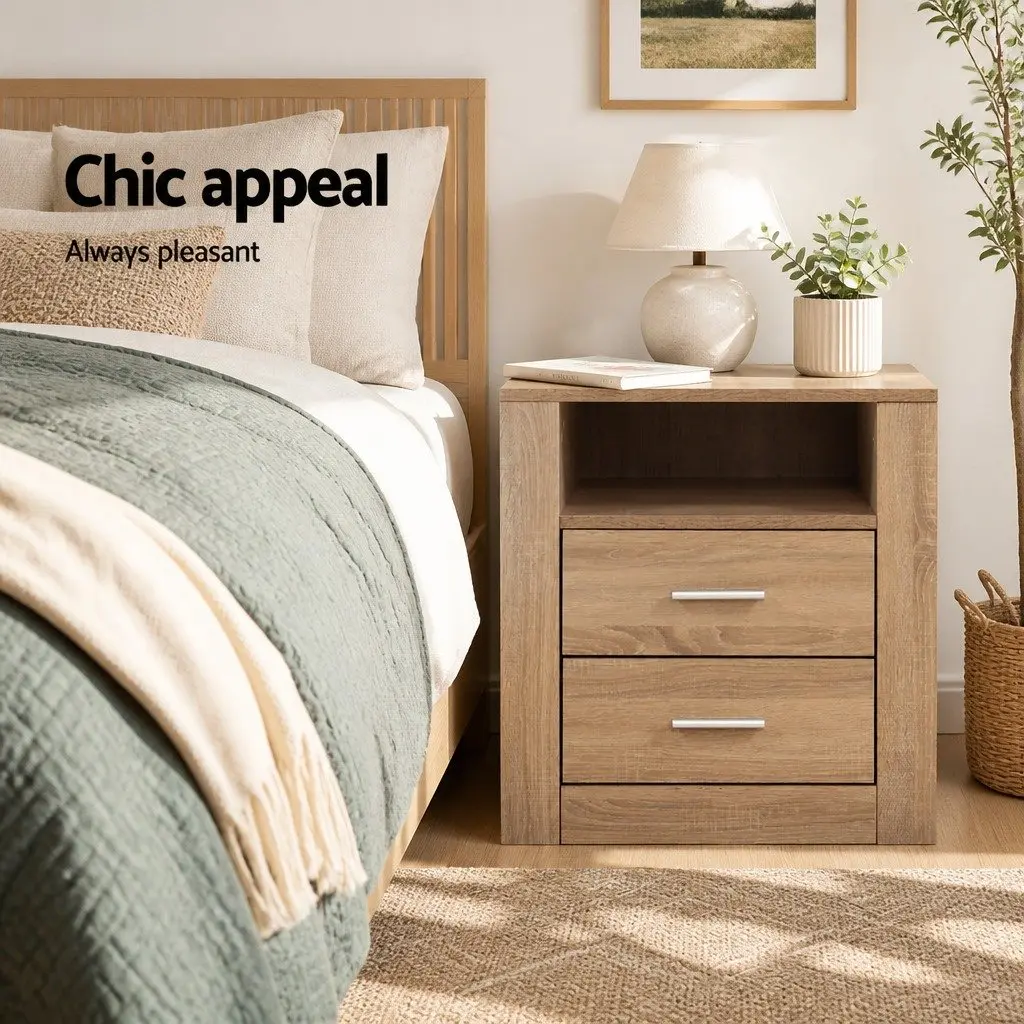 Oak Bedside Table with 2 Drawers and Open Shelf