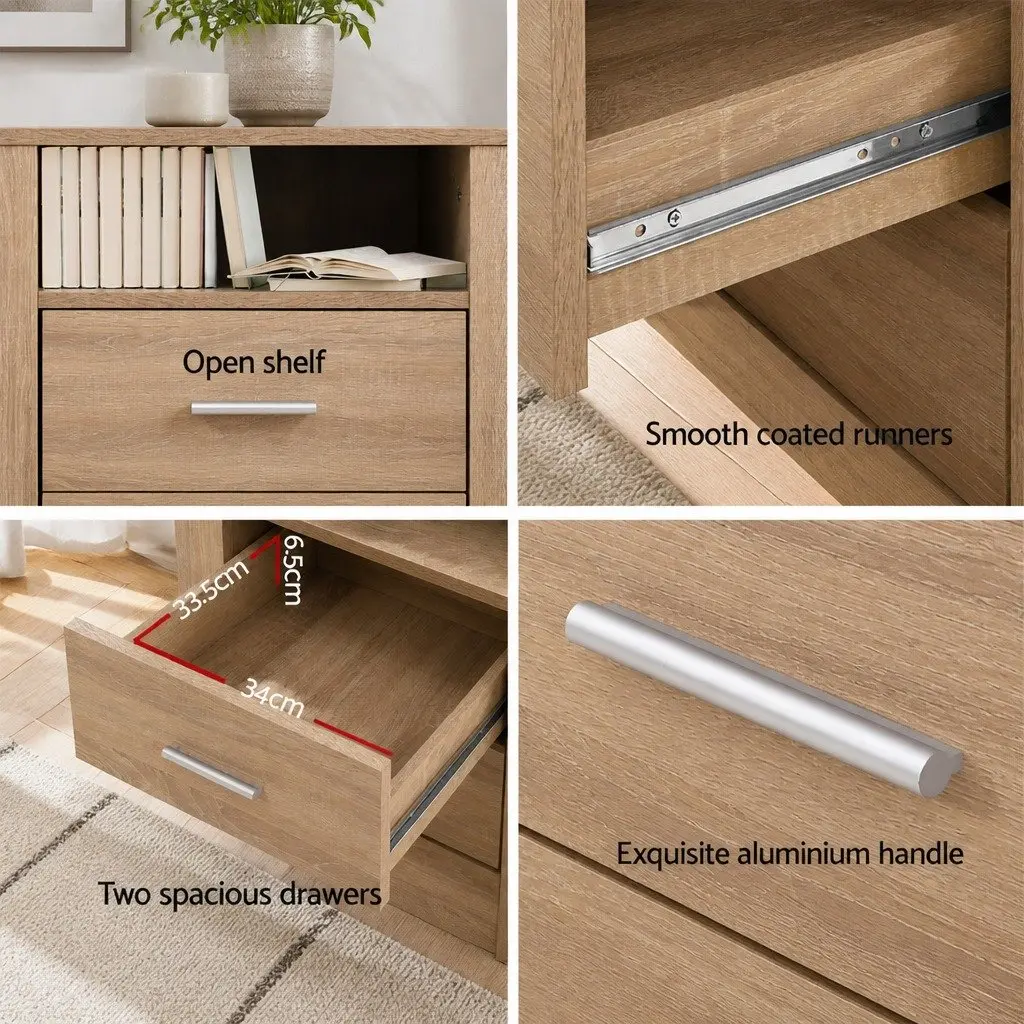 Oak Bedside Table with 2 Drawers and Open Shelf