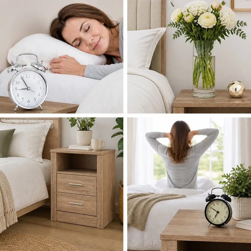 Oak Bedside Table with 2 Drawers and Open Shelf
