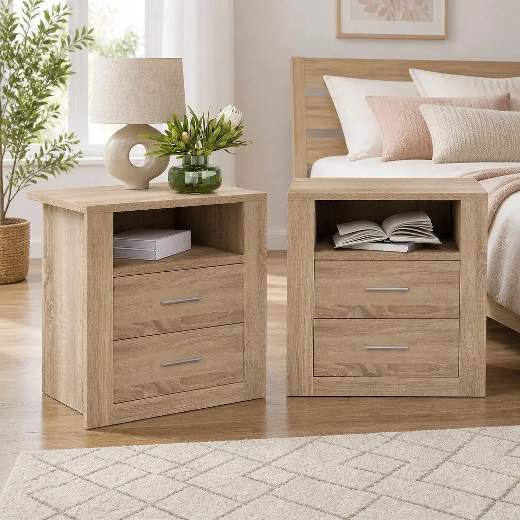 Oak Bedside Table with 2 Drawers and Open Shelf