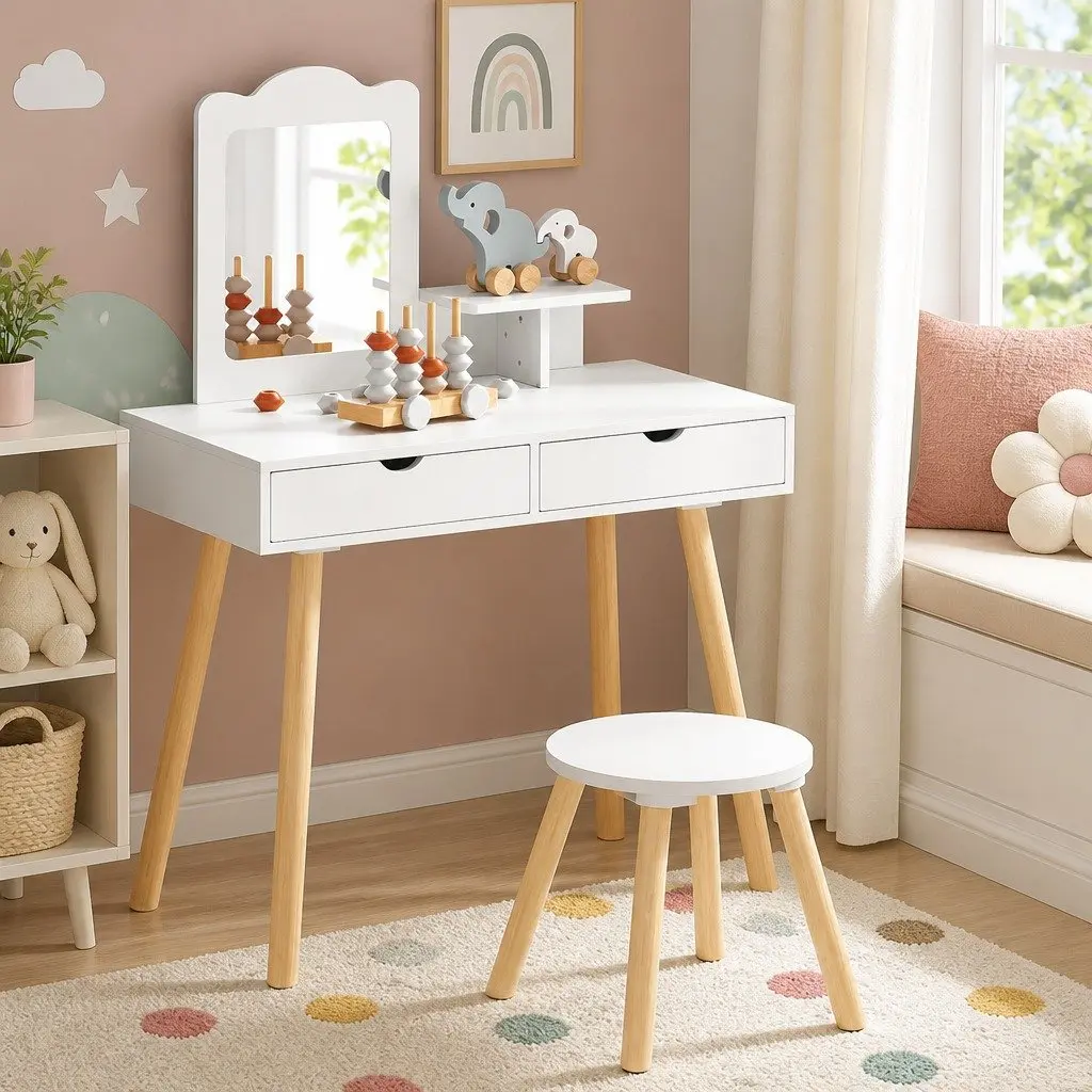 Kids Dressing Table Vanity Set White Wooden 70cm Pine Wood with Chair Mirror Storage
