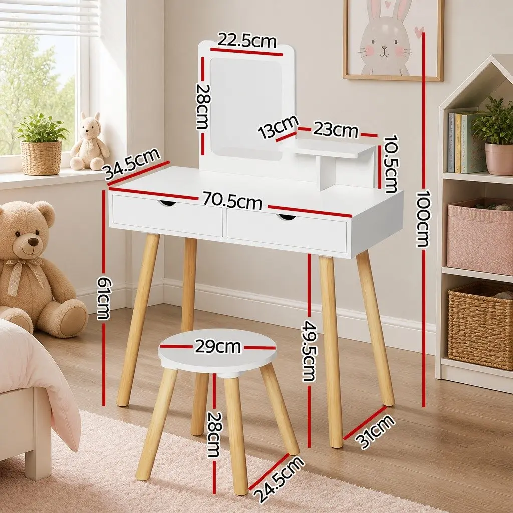 Kids Dressing Table Vanity Set White Wooden 70cm Pine Wood with Chair Mirror Storage