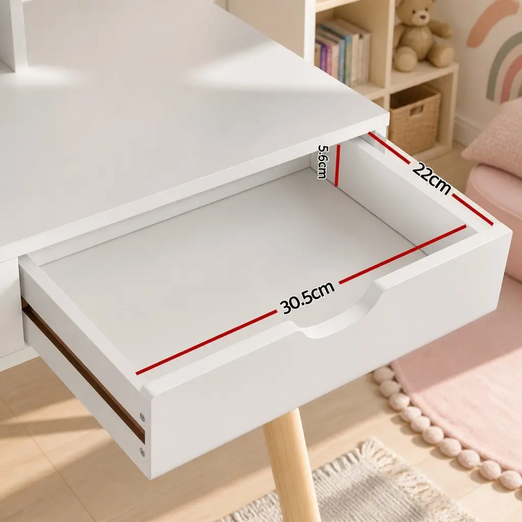 Kids Dressing Table Vanity Set White Wooden 70cm Pine Wood with Chair Mirror Storage