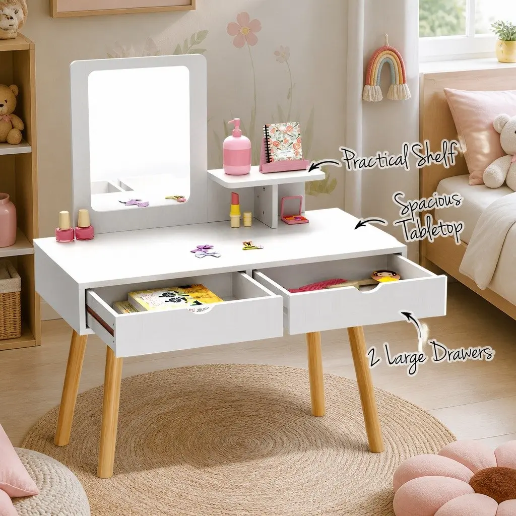 Kids Dressing Table Vanity Set White Wooden 70cm Pine Wood with Chair Mirror Storage